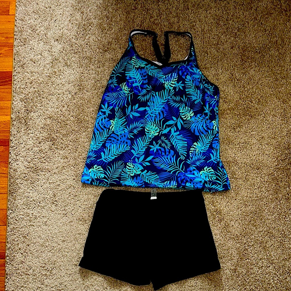 Tropical Blue Leaf Print Tank and Black Shorts Set